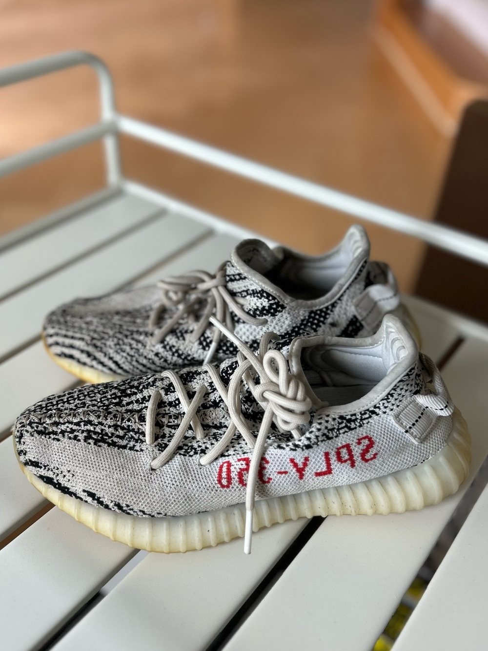 Yeezy Kids Zebra Knit Sneakers with Red Script